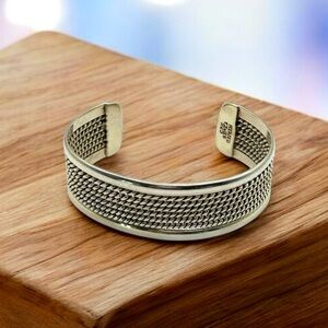 Beautiful Taxco 925 Sterling Silver Braided Rope Cable Inset Cuff Bracelet 6.5”